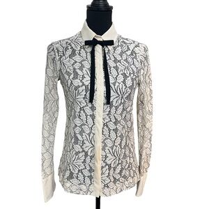 Zara Lace Button-Down Cream Tie-Neck Blouse Women Size XS